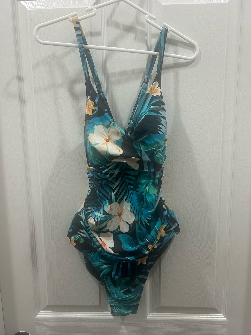 Womens Teal Tropical Floral One-Piece Swimsuit with V-Neck